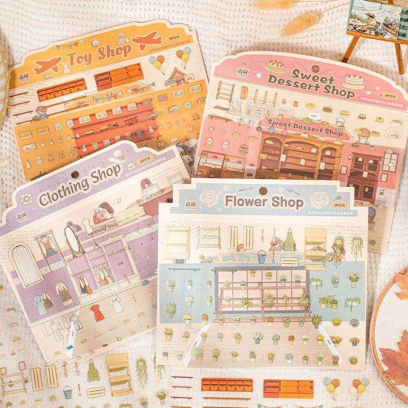 Pet Supplies Pet Shop - 3枚セット オールドドリーム フレンチスタイル ストア PETシーンステッカー、ミニショップ風景ビルディングデカール ジャーナルコラージュ用品用
